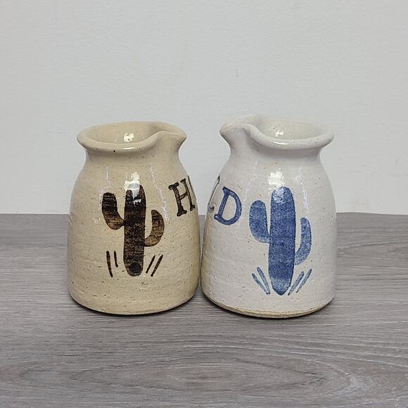 Pottery Hot Mild Salsa Sauce Pourable Jars Blue Black Cactus Set - Picture 3 of 7